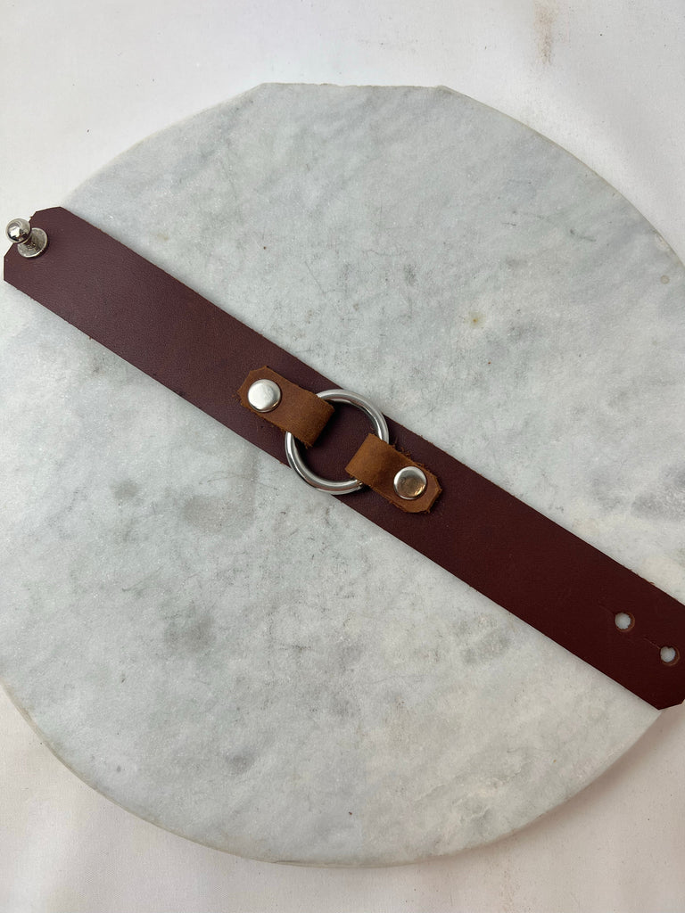 Bracelet - Medium Brown  Leather Cuff w/ Silver Ring