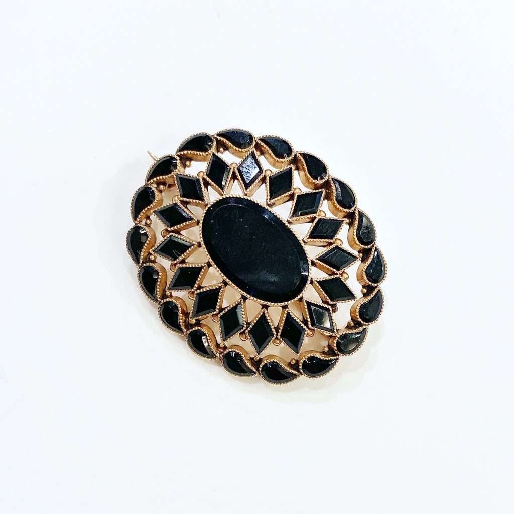 Estate Collection Brooch - 14K Faceted Black Onyx Mourning