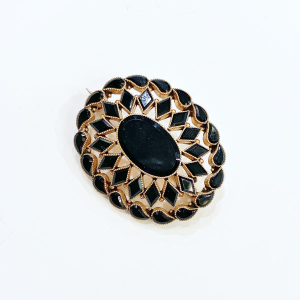 Estate Collection Brooch - 14K Faceted Black Onyx Mourning
