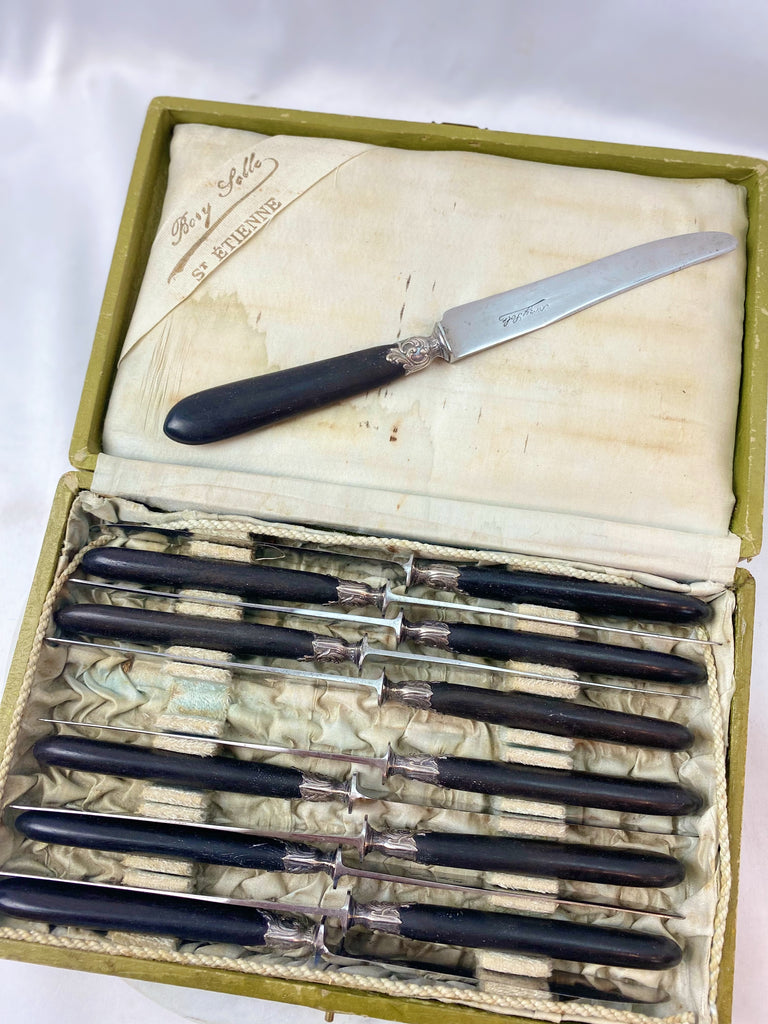French Ebony Handle Sterling Collar Steel Luncheon Knives Set of 12 In Presentation Box