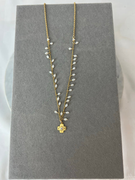 Necklace - Tiny Vermeil Cross w/CZ on White Pearl Dangles