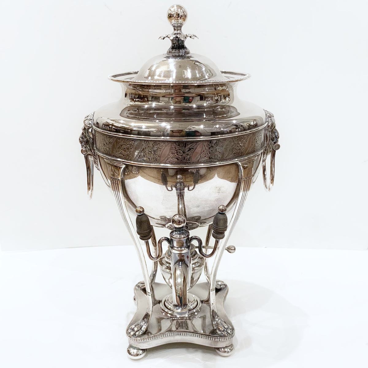 Antique or Vintage Ornate Silver and Gold Tone Hot Water Tea Urn With  Burner Engraved Details Victorian Style Aged 