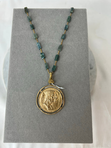 Necklace - Bronze Athena Medallion on African Heshi Beads & Bloodstone