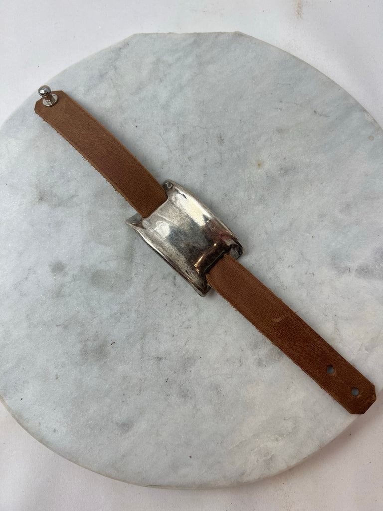 Bracelet - Medium Silver Pewter Cuff in Light Brown Leather
