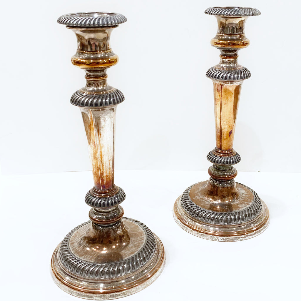 Estate Collection Pair of Columnar Sheffield Silver Plate Candlesticks