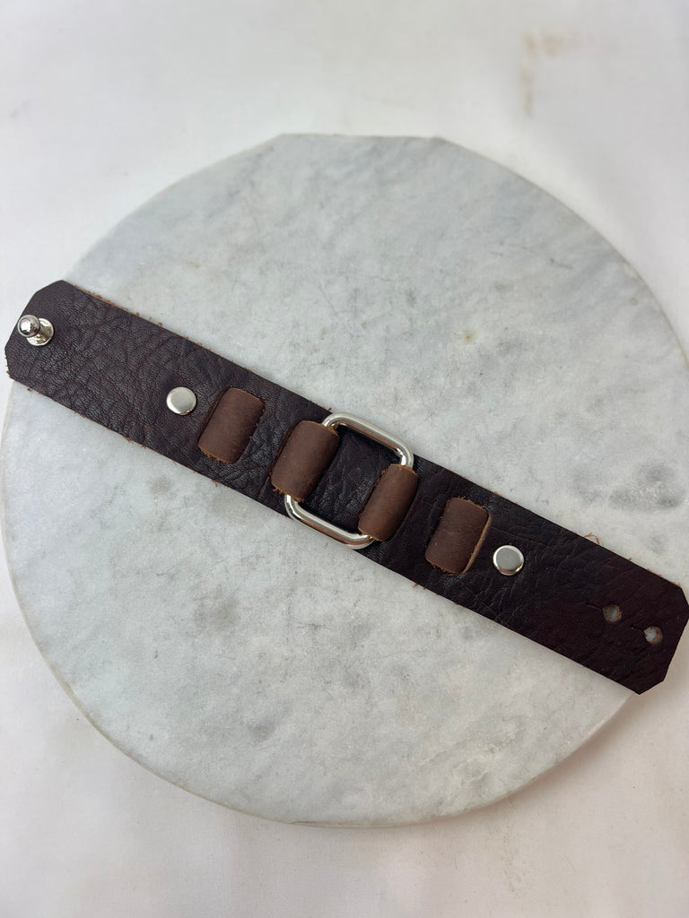 Bracelet - Dark Brown Leather Cuff w/ Silver Square