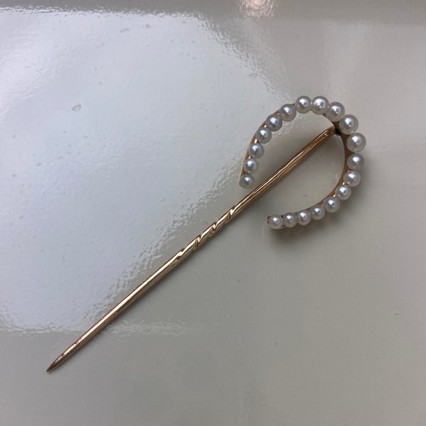 Estate Collection Brooch - Stickpin Seed Pearl & Yellow Gold Horseshoe