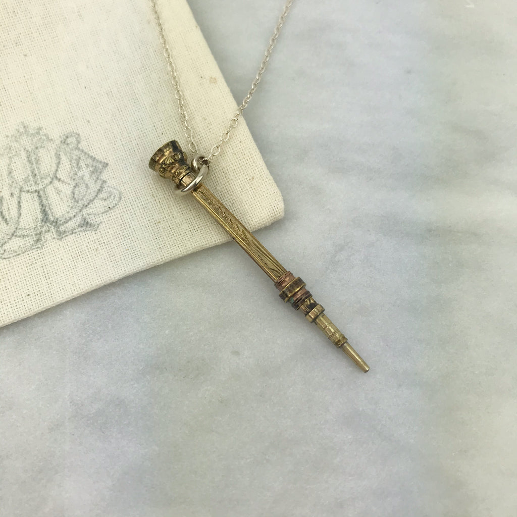 Gold 19thC. Chatelaine Pencil on Sterling Chain Necklace
