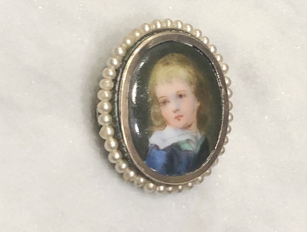 Estate Collection Brooch - Child's Portrait Surrounded by Pearl Beads