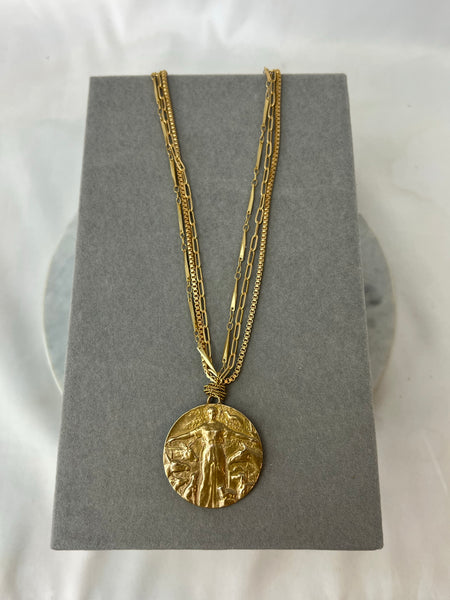 Necklace - Bronze SPCA Medal on Box, Paperclip & Vintage Bar Chains