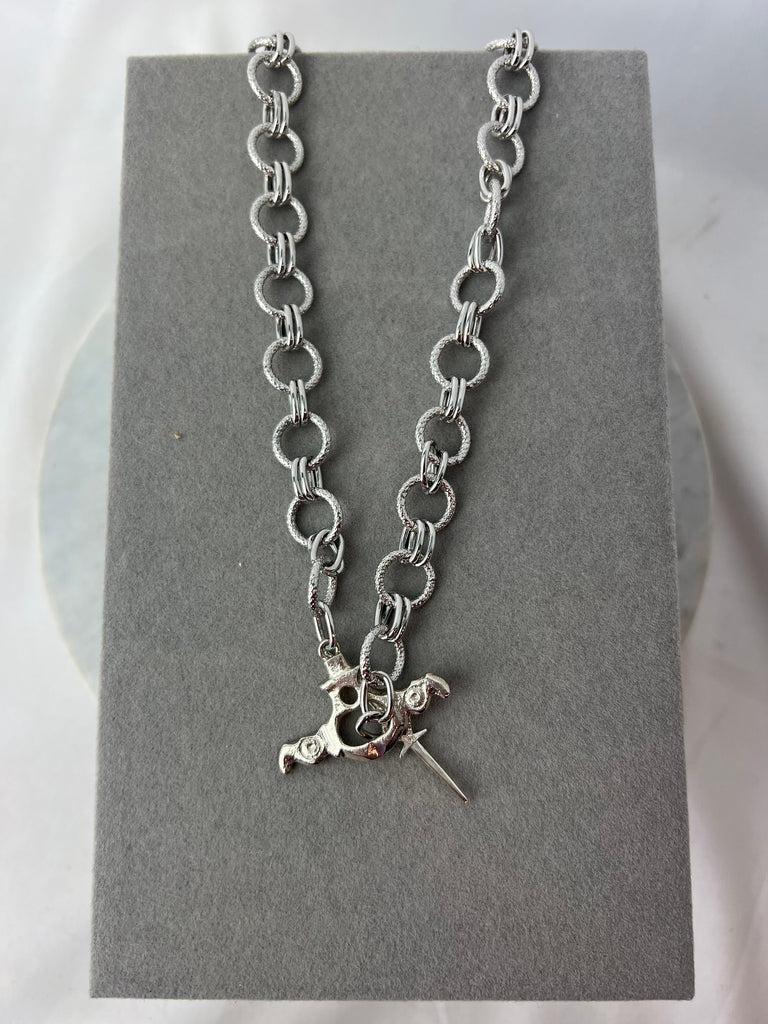 Necklace - Clemson Round/Oval Link Silver Necklace w/Diamond Bar